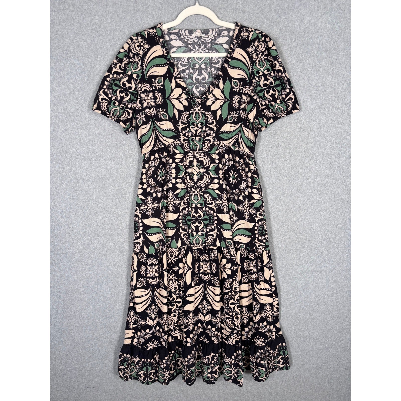 Fat Face Priya Mosaic Leaf Midi Dress Size 8R Black Green Tan Tiered Peasant