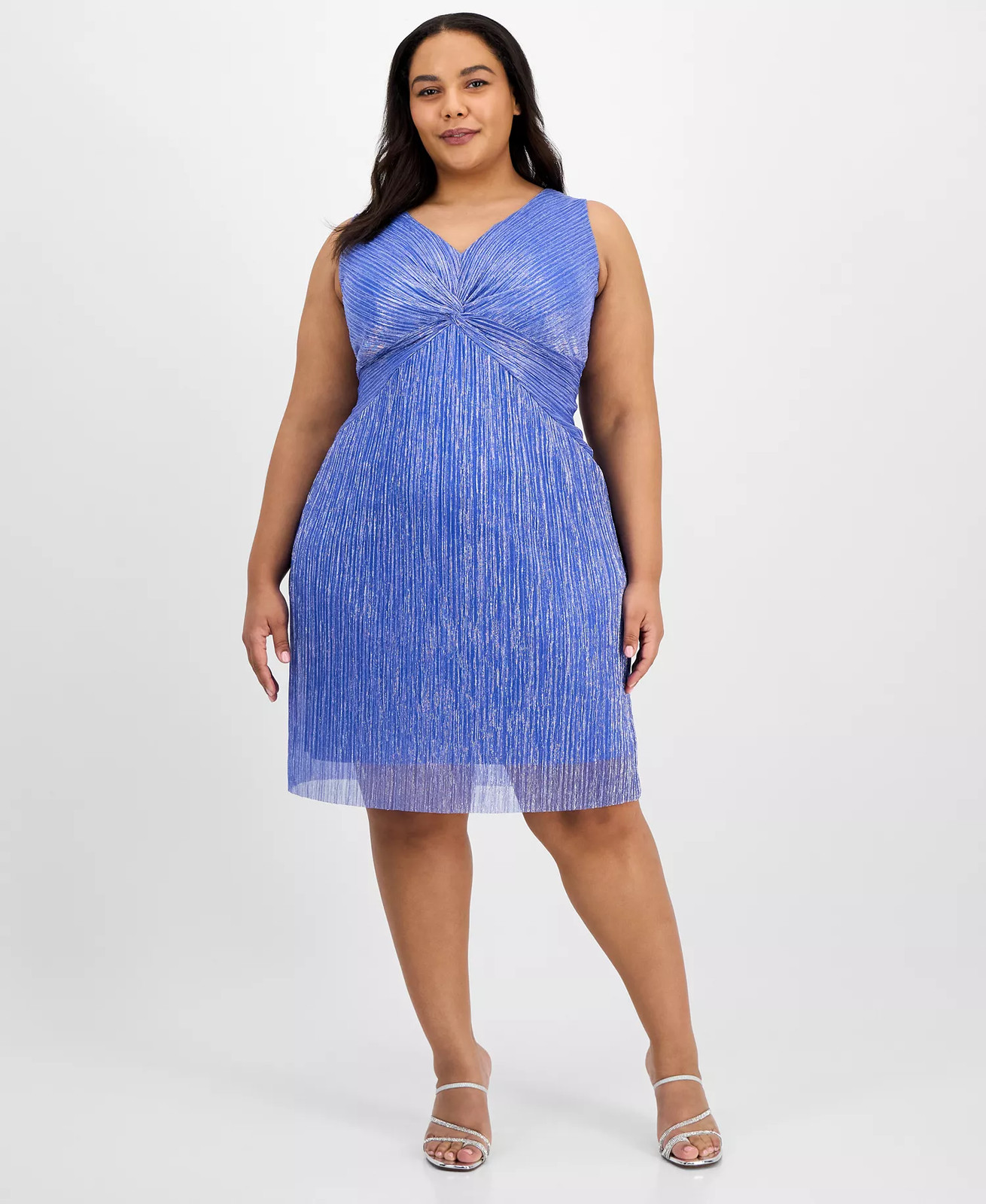 Connected Plus Size Cocktail Dress Blue Metallic Pleated Knee Length 24W NWT