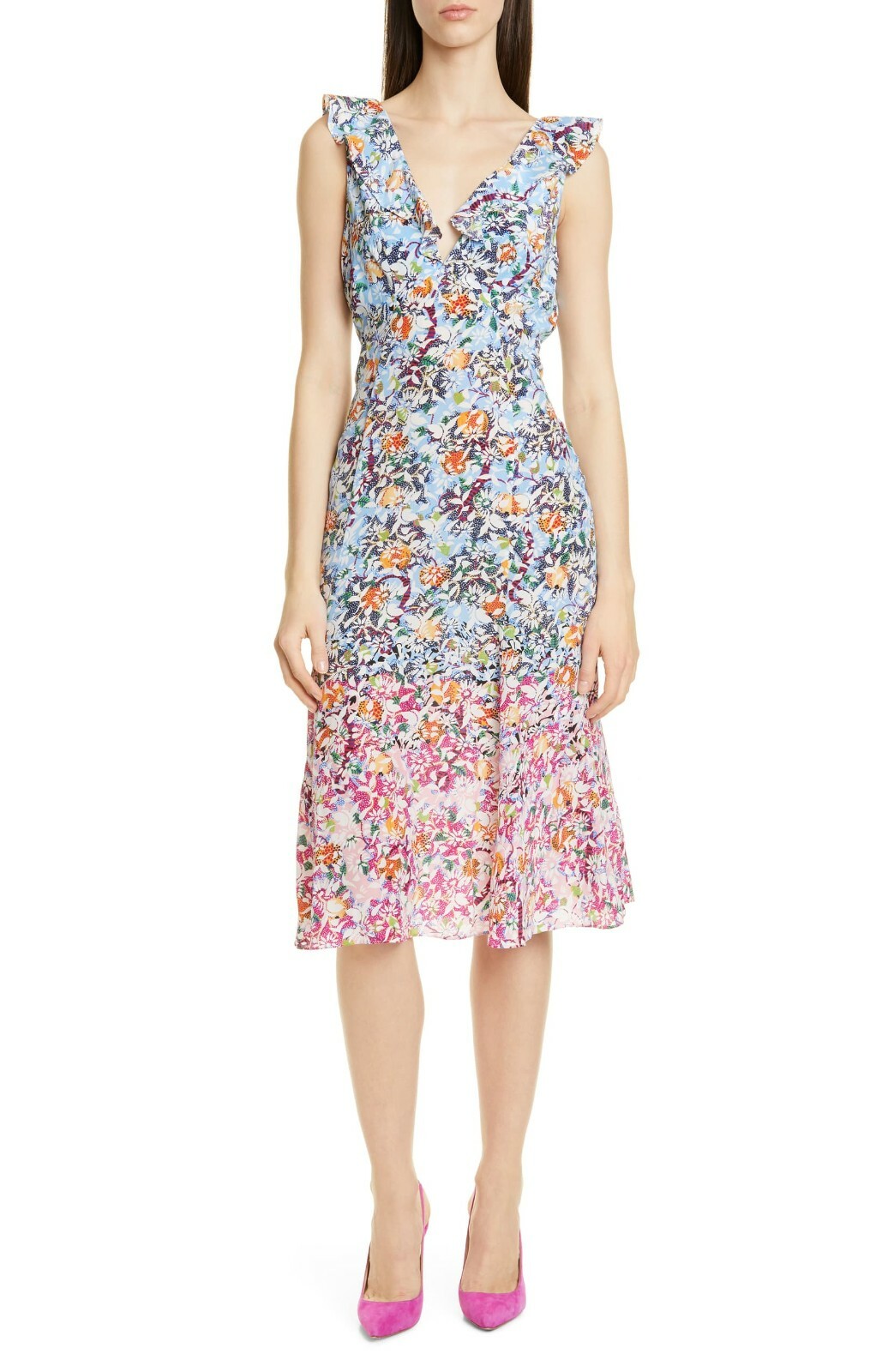 SALONI Pink Margerite Floral Print Holly Silk Ruffle V-Neck Midi Dress 6US 10UK