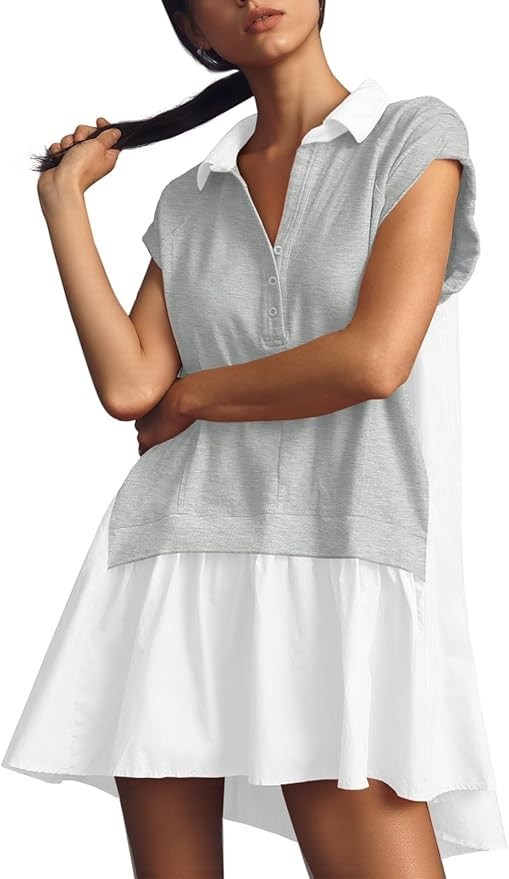 Fisoew Womens Sweatshirt Dresses Short Sleeve V Neck Patchwork Oversized L Gray