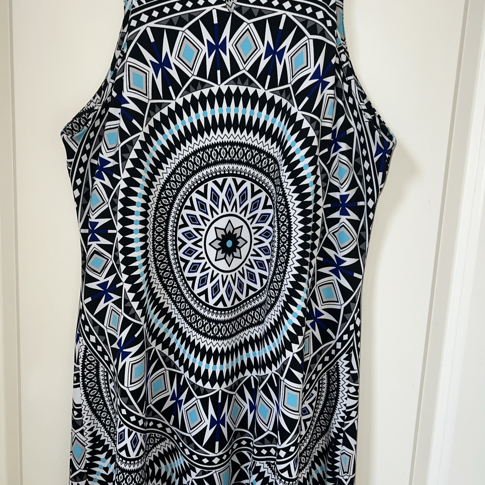 INC International Concepts Geomagnetic Sleeveless Maxi Dress Blue White Black L
