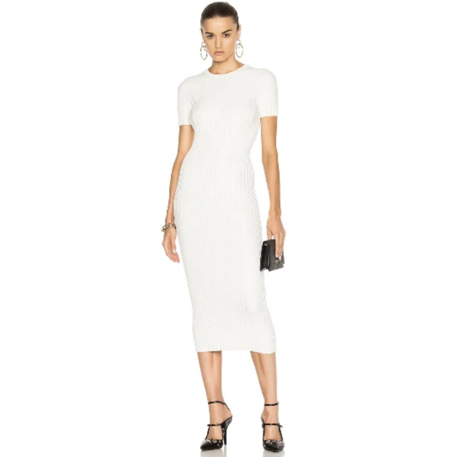 Helmut Lang White Ribbed Knit Keyhole Bodycon Midi Dress Baddie Minimalist XS