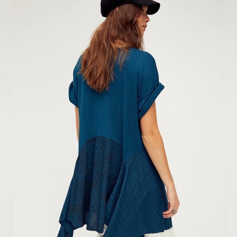 free people THE JERRY LOUNGE teal blue star gazer eagle boho t shirt DRESS top S