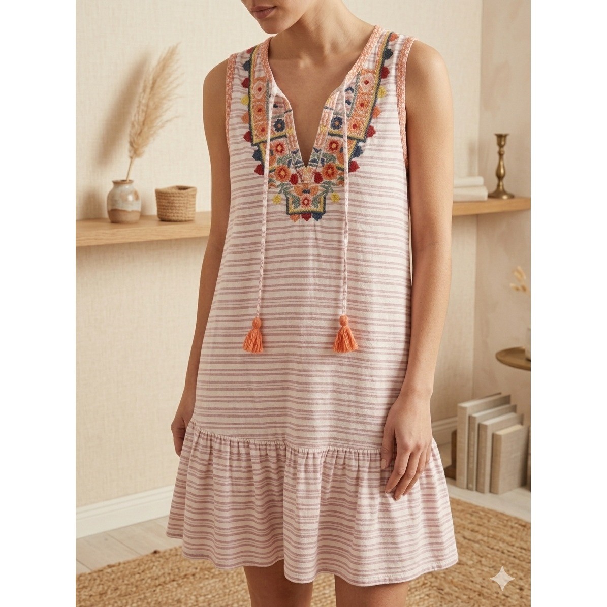 BEACHLUNCHLOUNGE Striped Pink Rose Embroidered Boho Linen Blend Daphine Dress XS