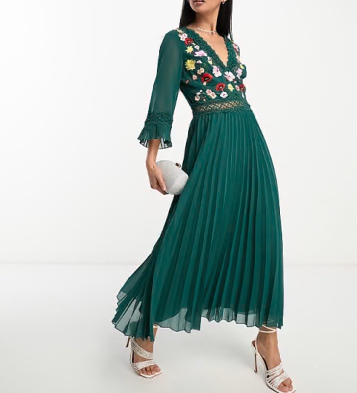 Asos Design Curve Lace Insert Pleated Midi Dress Size 10 Embroidered Floral