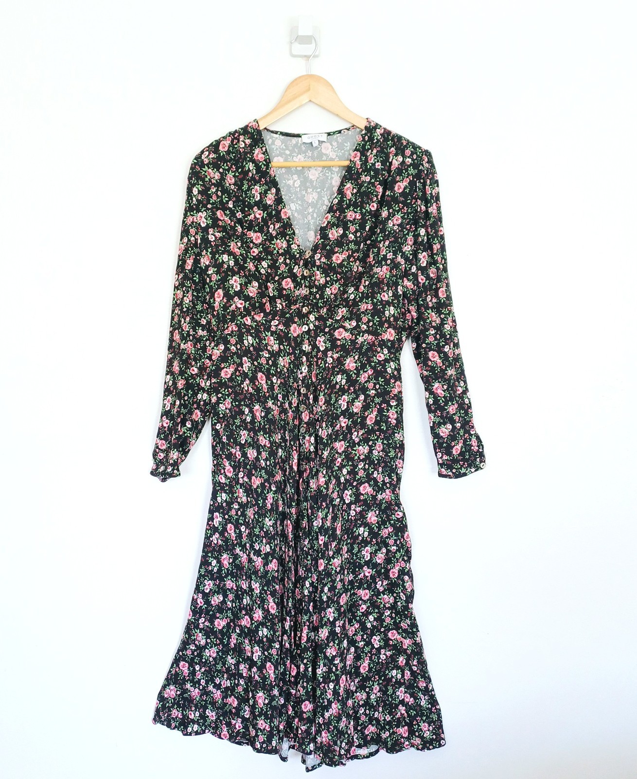 Ghost London Dress Size Large Womens Black Ditsy Floral Midi Blouson Long Sleeve
