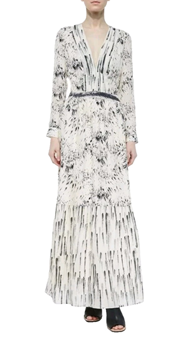 Haute Hippie Silk Maxi Dress Ivory Black Floral Feather Bouquet Size 6 Women