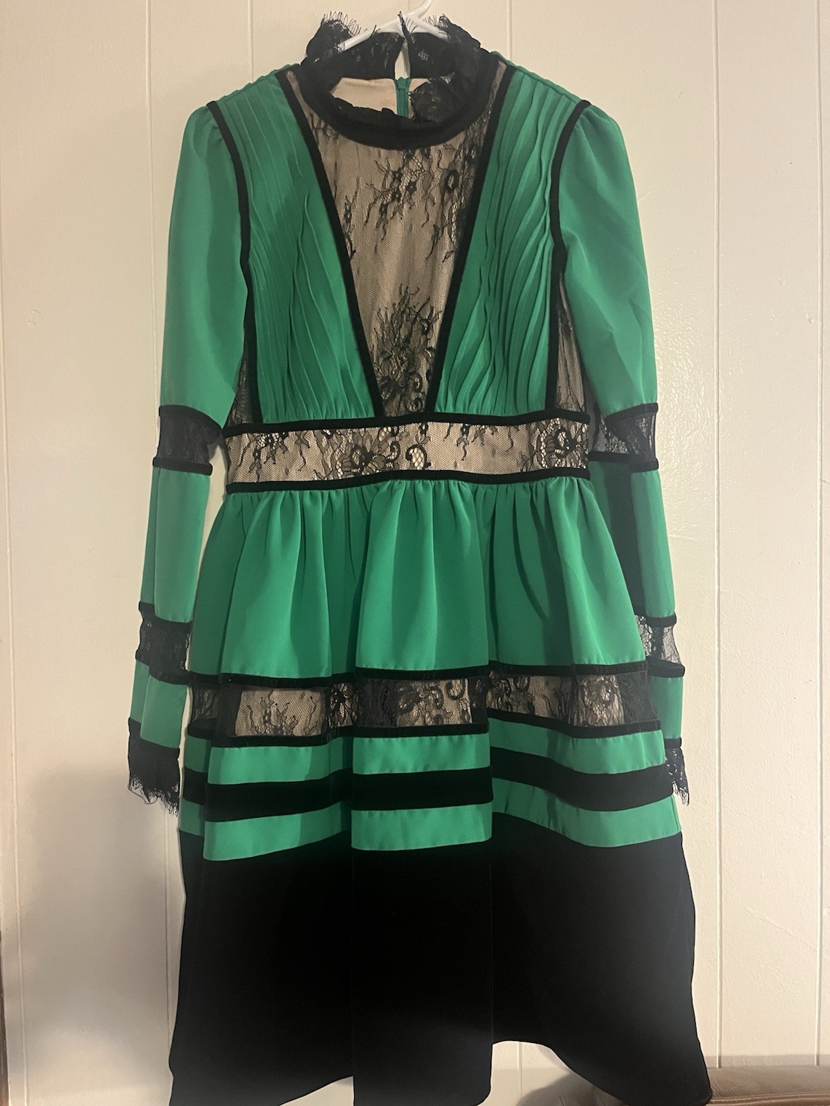 Comino Couture Green Velvet Black Lace Dress Sz 10 Slight Imperfection See Photo