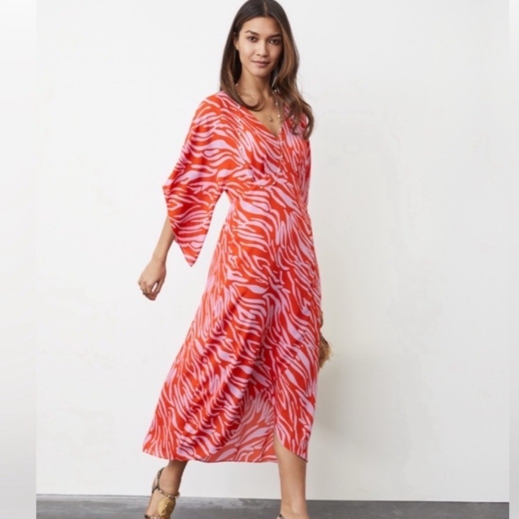 Cabi Zebra saunter high low 5795 Dress Sz M Red Pink Animal Print Kimono Sleeve