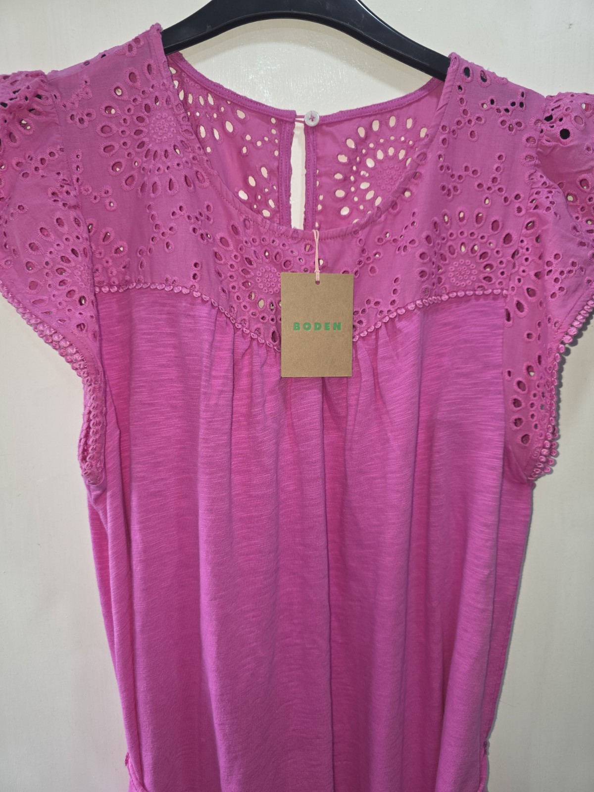 Boden Pink Cotton Eyelet Flutter Sleeve Round Neck Midi T-Shirt Dress 14R