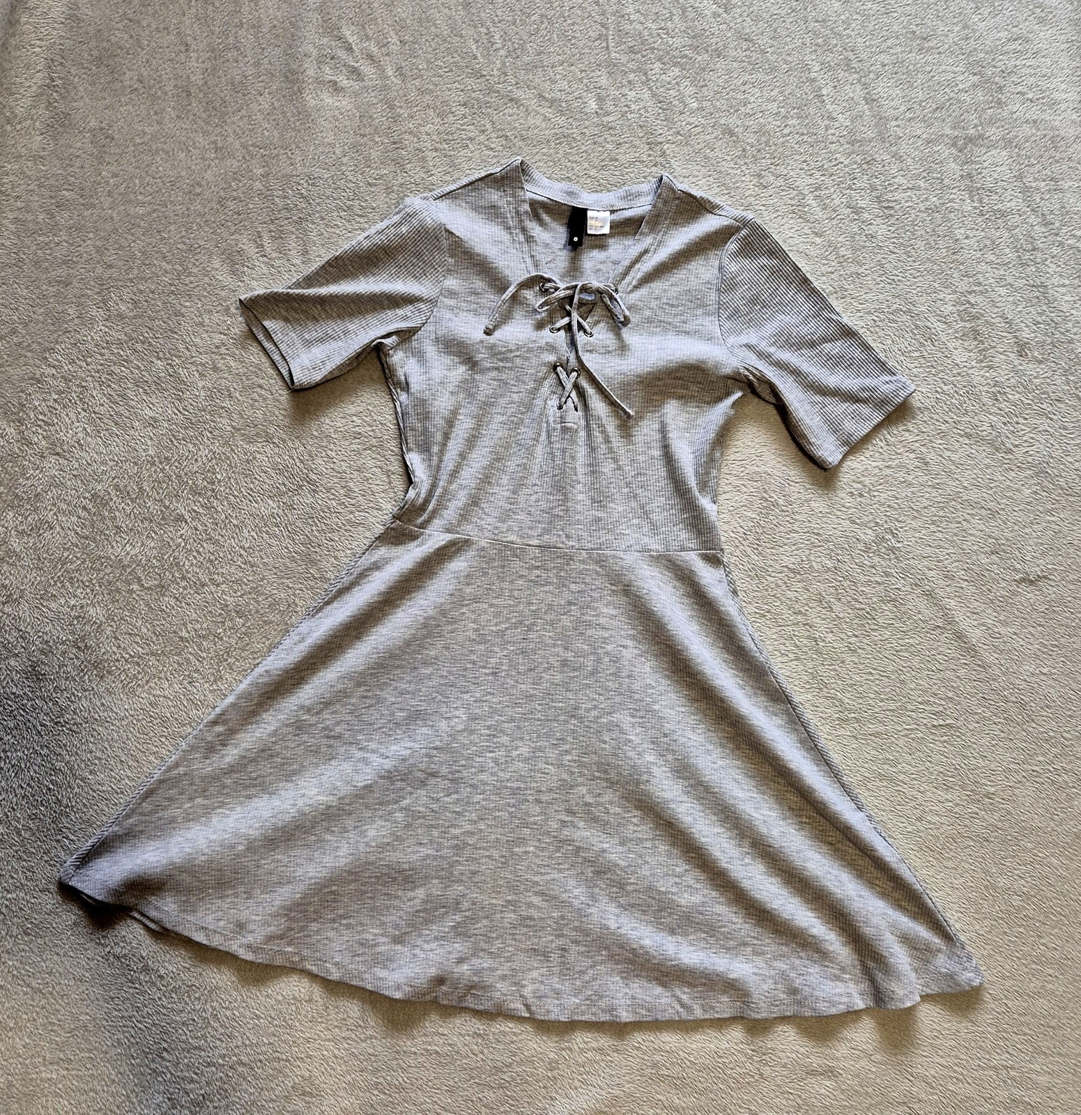 Grey Ribbed Lace-Up Mini Dress – Short Sleeve A-Line Skater Dress