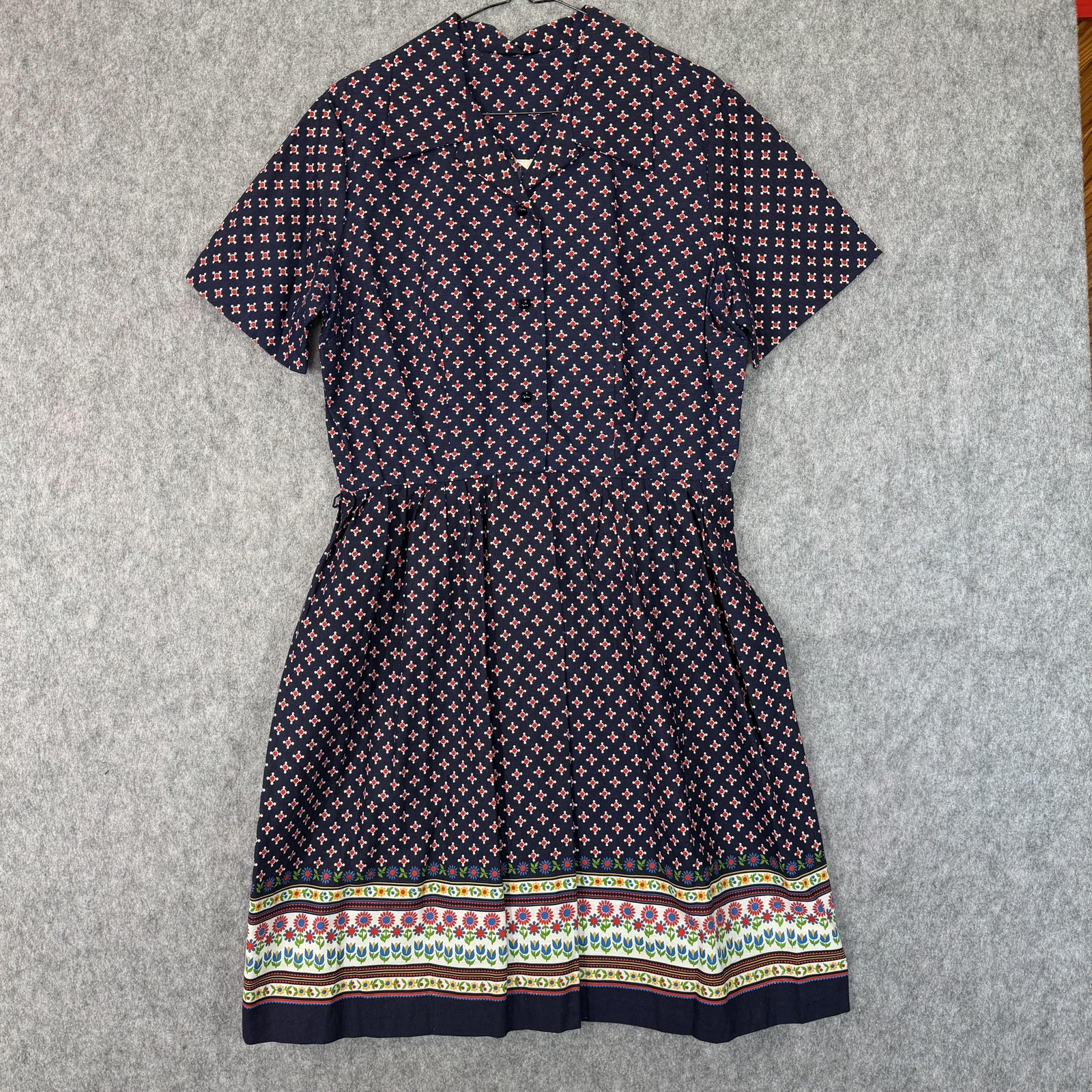 Vintage Montgomery Ward Dress Womens 12 Blue Geo Floral Shirt Fit Flare 70s 60s