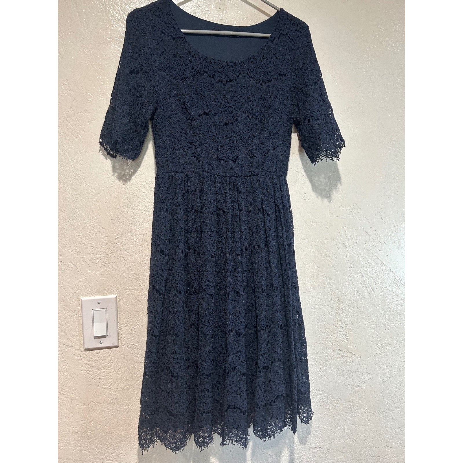 Mikarose Navy Blue Lace Modest Fit & Flare Dress Short Sleeve Small S Wedding