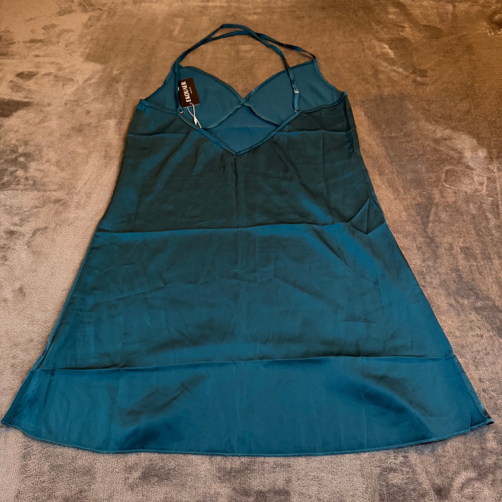 EKOUAER Teal Satin Slip Dress Mini Adjustable Straps V Neck Womens Medium NWT