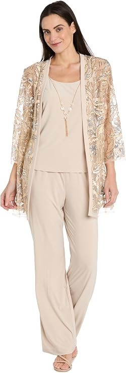R&M Richards Elegant 3PC Pantsuit w/Sequin Lace Sheer Jacket and Tank Size 14
