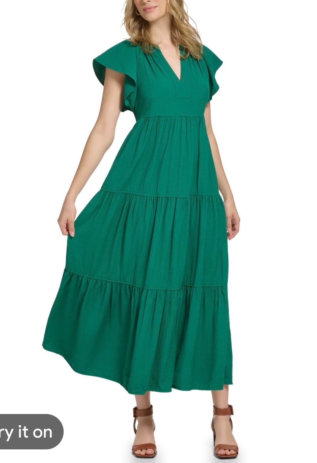 CA;VIN KLEIN Gauze Midi Dress with Pleated Tiers Split V-Neckline Women’s Sz 6