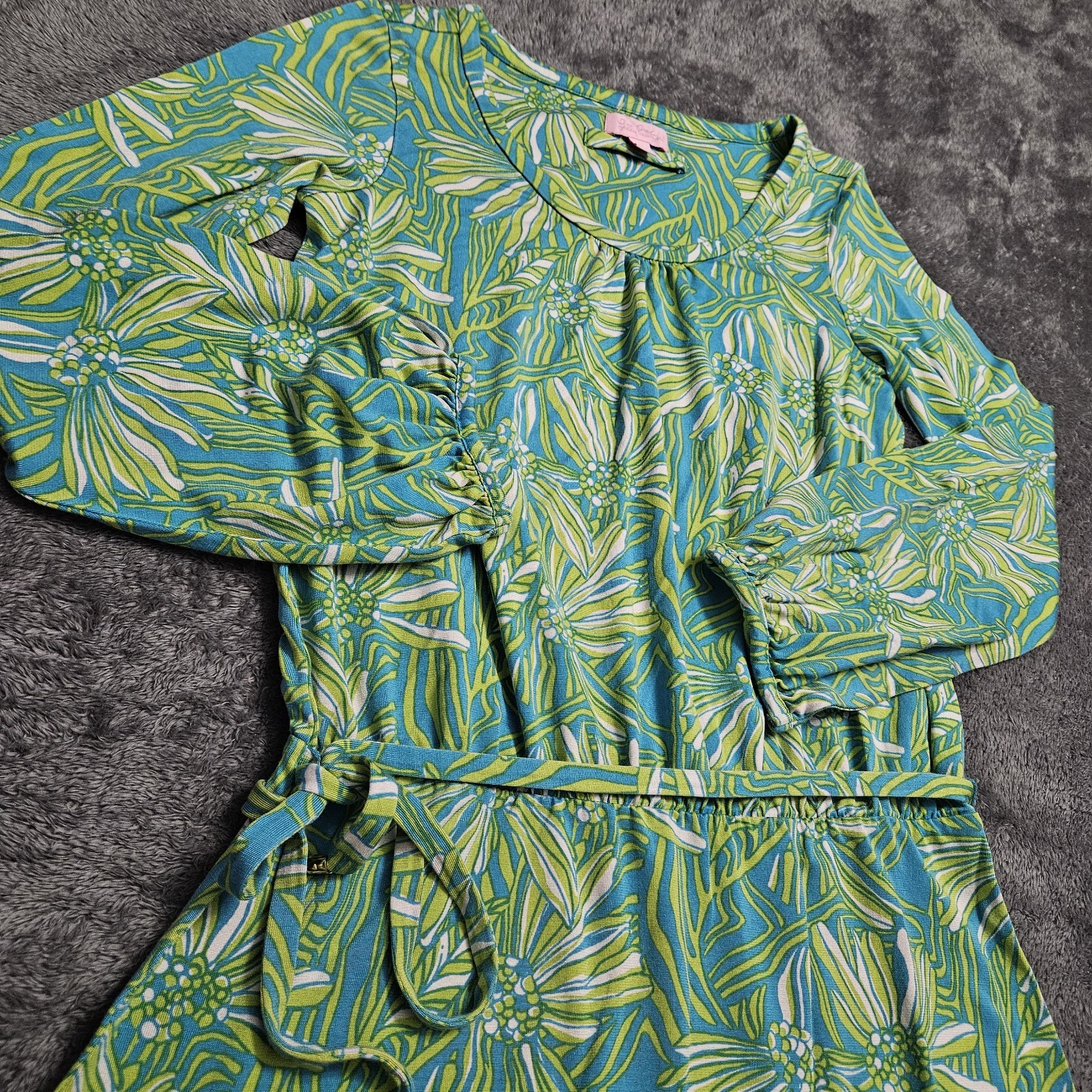Lily Pulitzer Dress Size Medium Blue Green White Silk Cotton Floral Print