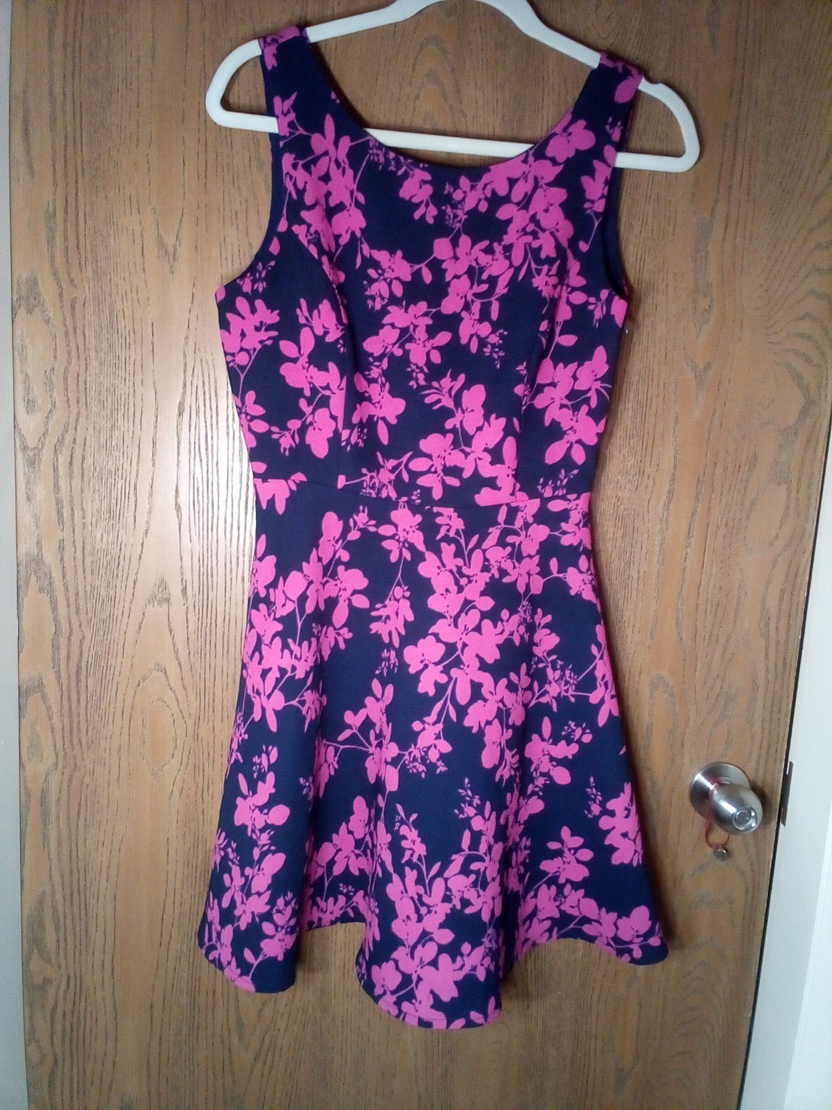 NWOT Pink Owl Blue/Magenta/Floral Back Bow Tie & V-Neck Fit & Flare Dress Sz S