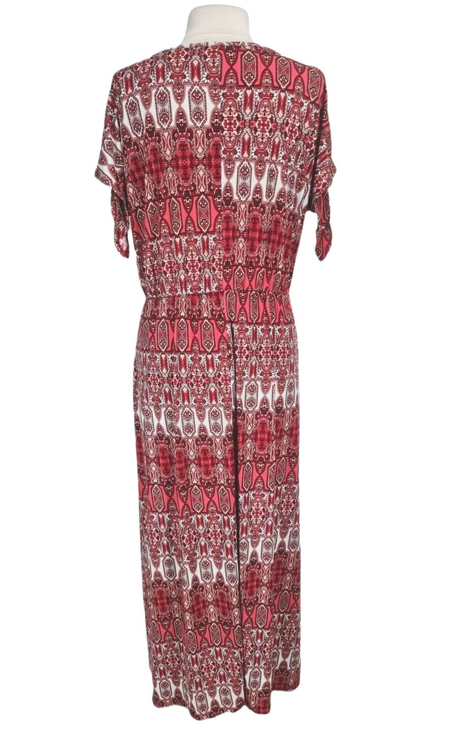 Elie McCarthy Womens Maxi Size XL Crew Neck Short Slit Sleeve Floral Red Stretch