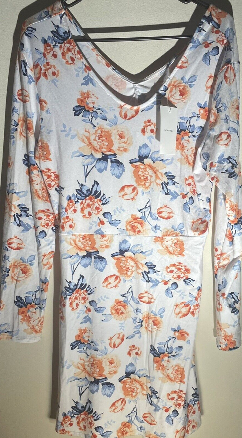 Nordstrom Long Sleeve White Orange Blue Floral Polyester Dress Large L