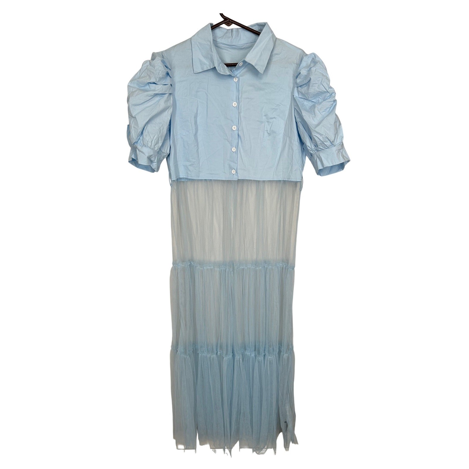 Unique Dress Button Up Top Open Layered Mesh Bottom Women’s Size XL NWT Lt Blue