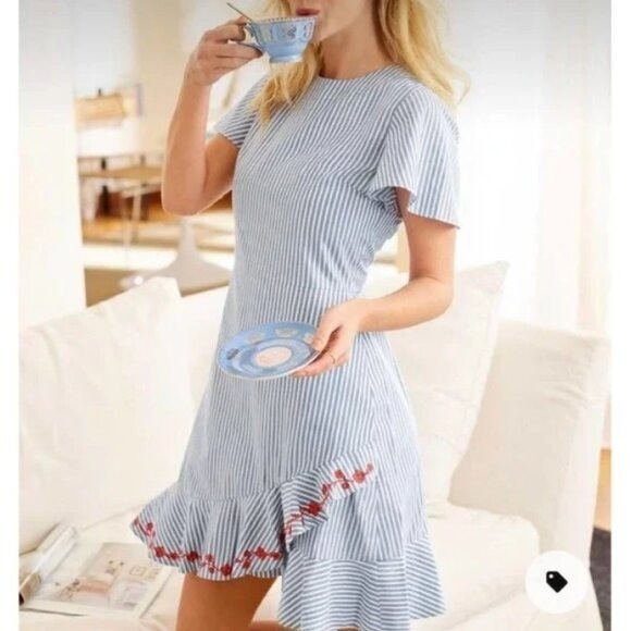 Draper James Embroidered Faux Wrap Dress Blue Stripe Red Floral Trim Summer 4
