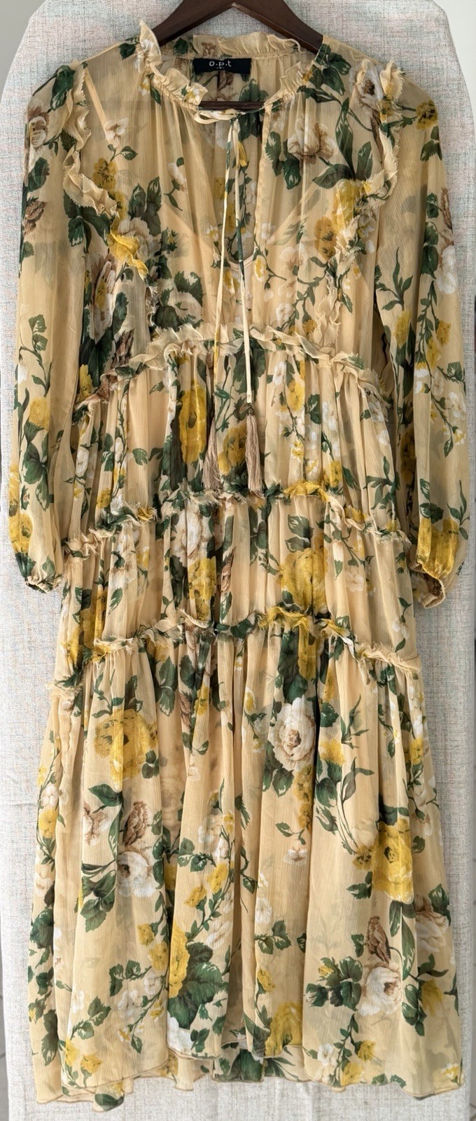 O.P.T. Floral Boho Midi Dress S Yellow Green Ruffle Tiered Long Sleeve romantic