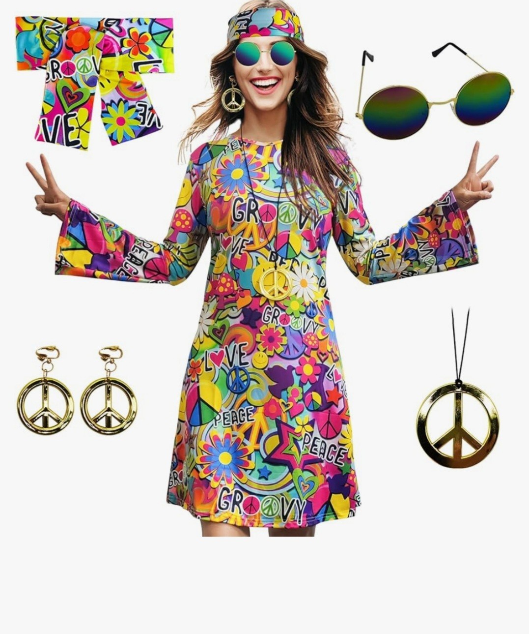 Women Hippie Costume Set Disco Peace&Love Earrings Necklace Headband Dress Large