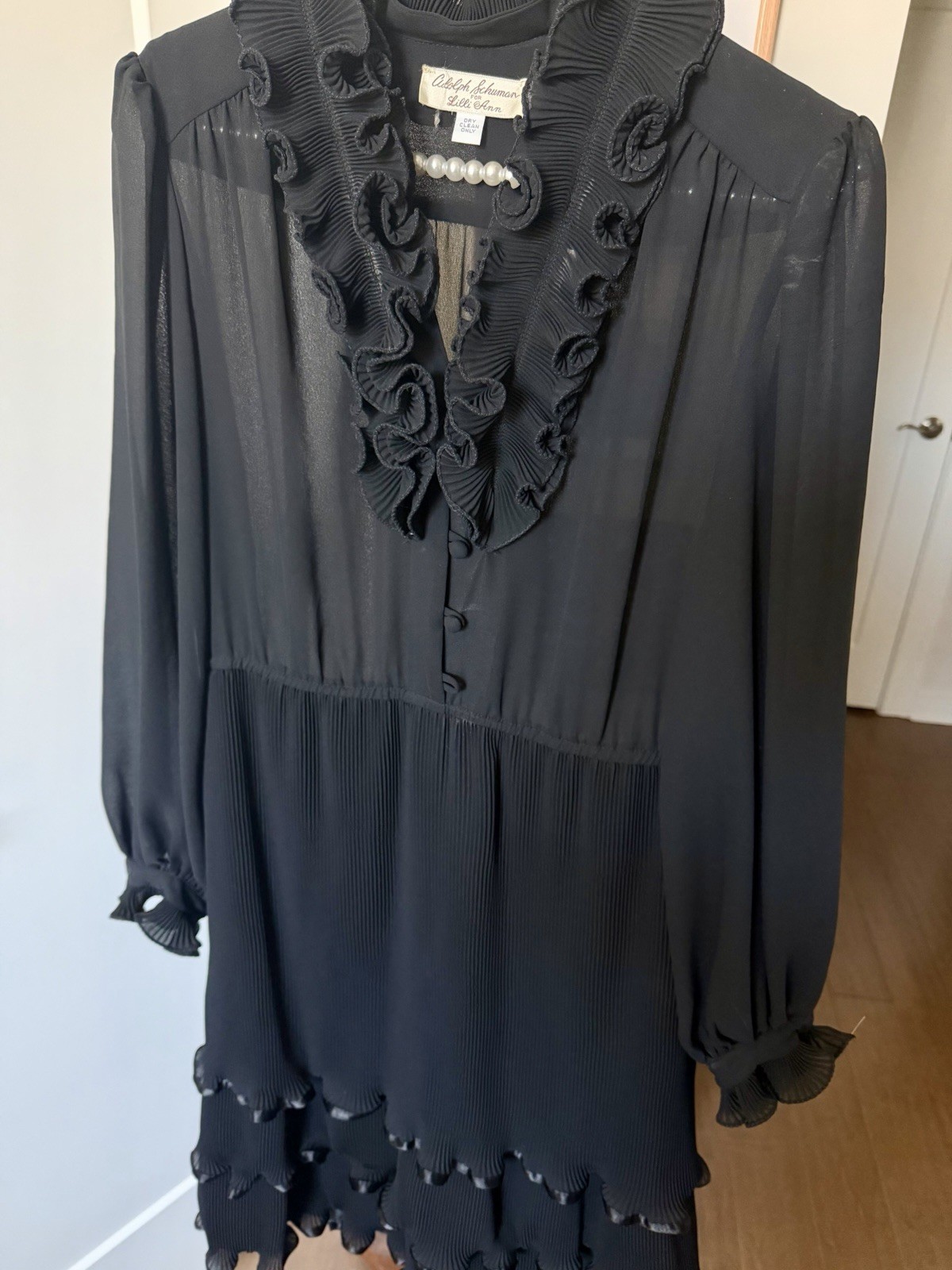 EUC Vintage Adolph Schuman For Lilli Ann Black Ruffle DRESS Sheer Top Women’s L
