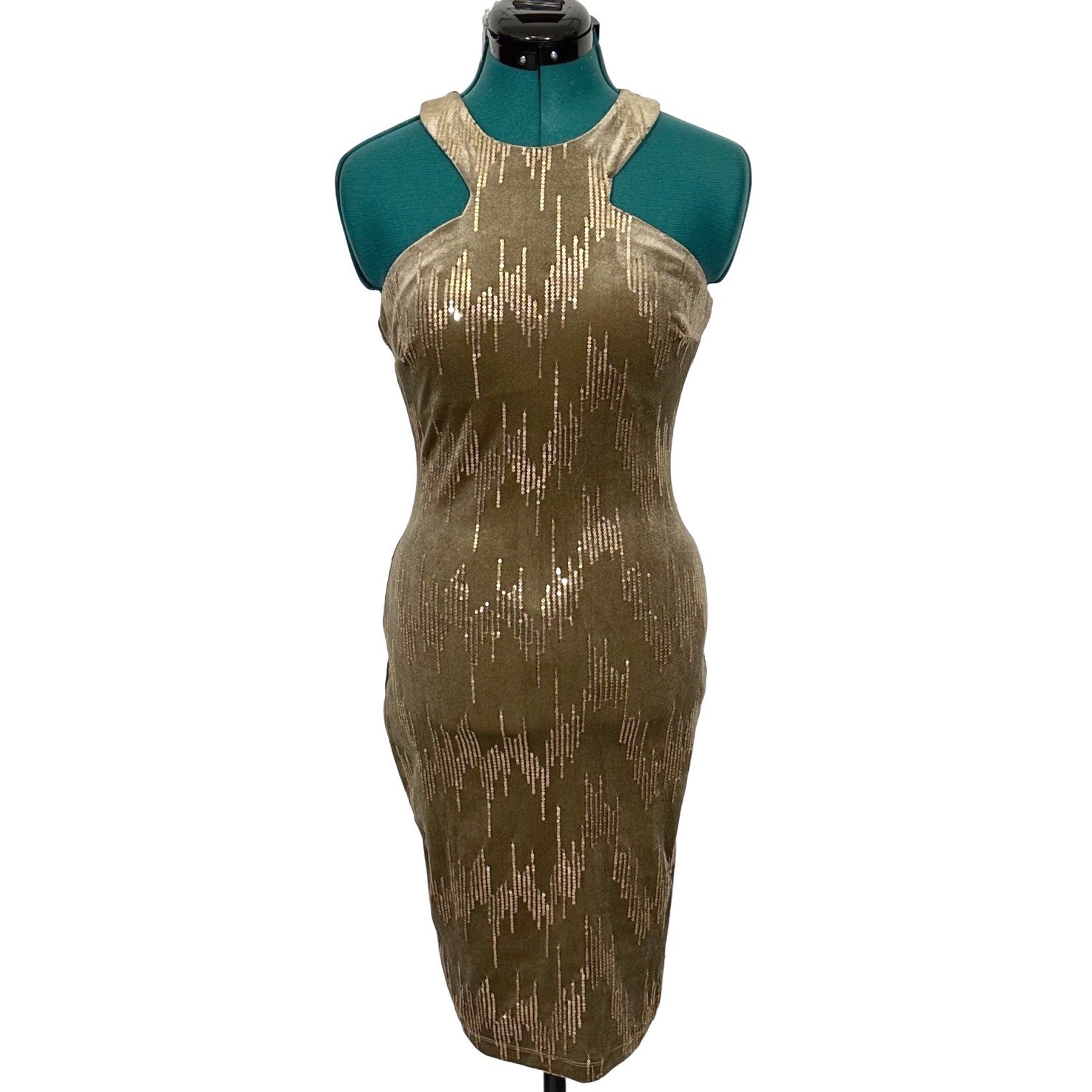 Honey and Rosie Dress Sequin Velvet Cutout Halter Small Gold Brown Bodycon Party