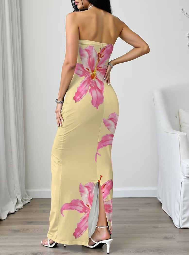 NEW Med. Elegant Sleveless Ruched Soft YELLOW Maxi Dress w Pink & White Flowers