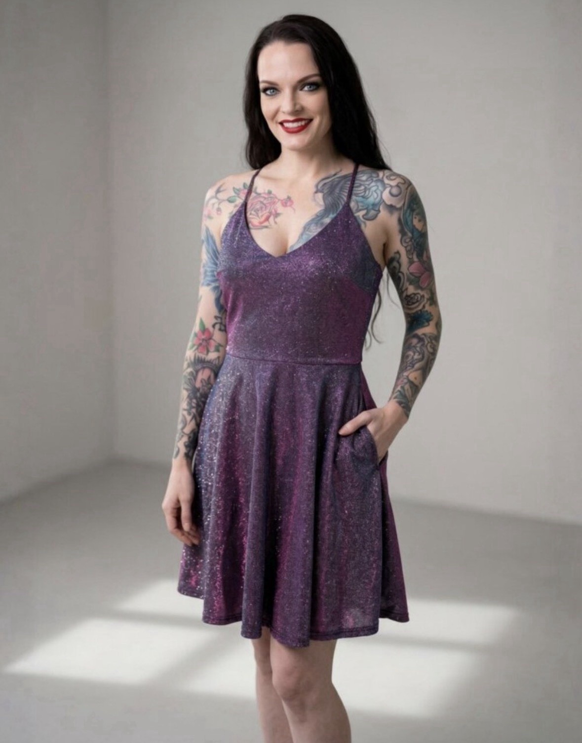 Windsor ✦ Glitter Mini Dress ✦ Purple Criss-Cross Stray Backs Pockets Size S NWT