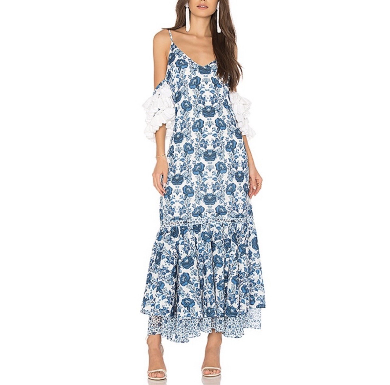 All Things Mochi Natalia Ruffle Crochet Sleeves floral maxi Dress XS