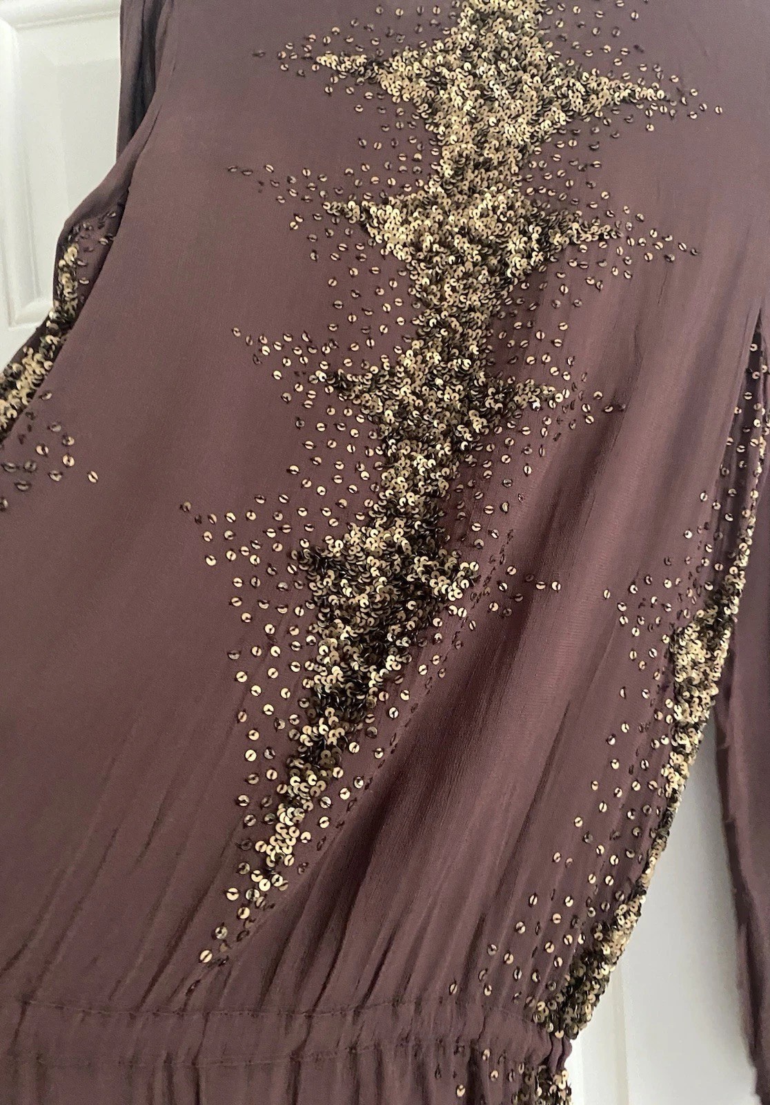 Antik Batik 100% viscose sequinned chocolate short belt dress check description