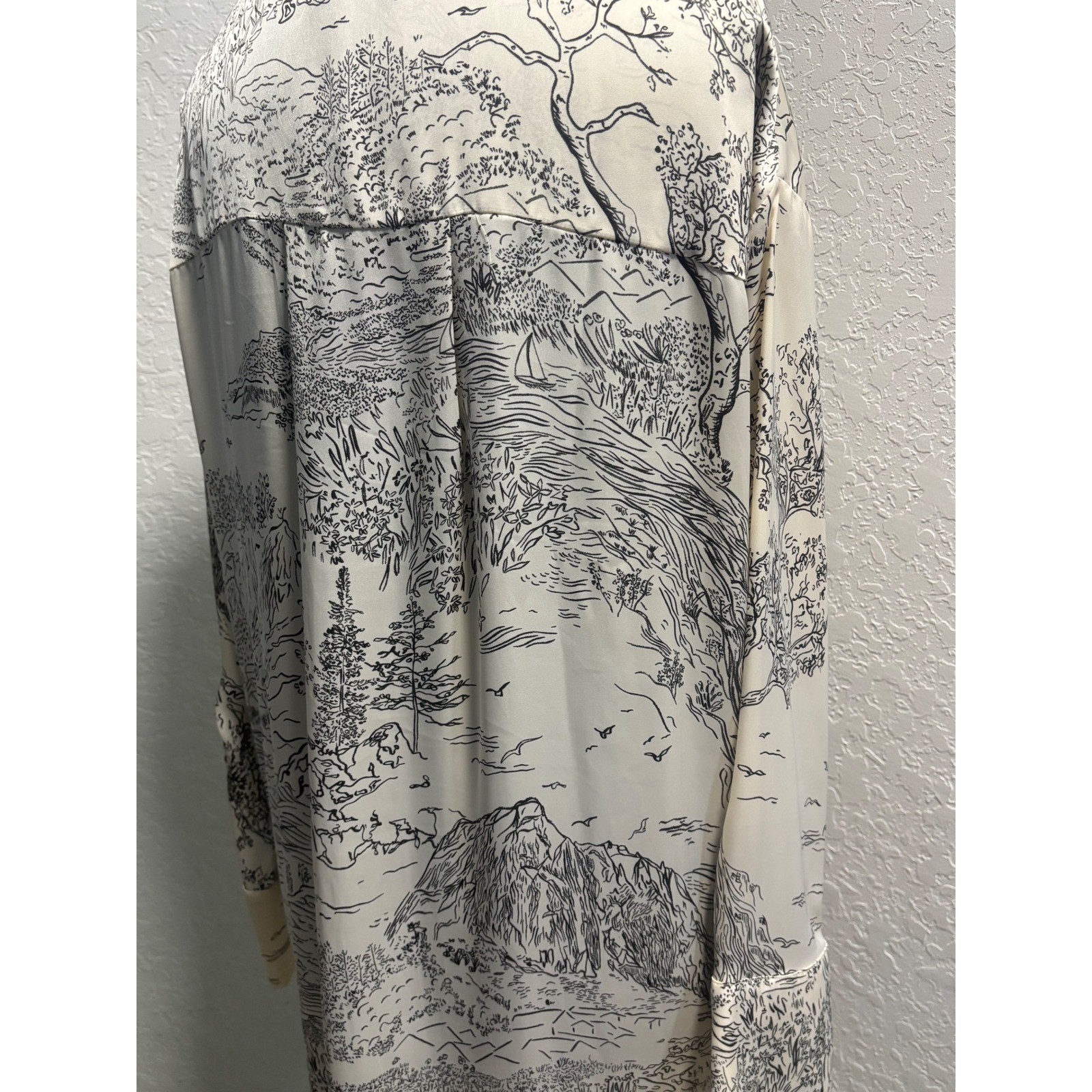 HM Womens Large Cream Black Scenic Toile Print Satin Shirt Dress Long Sleeve L