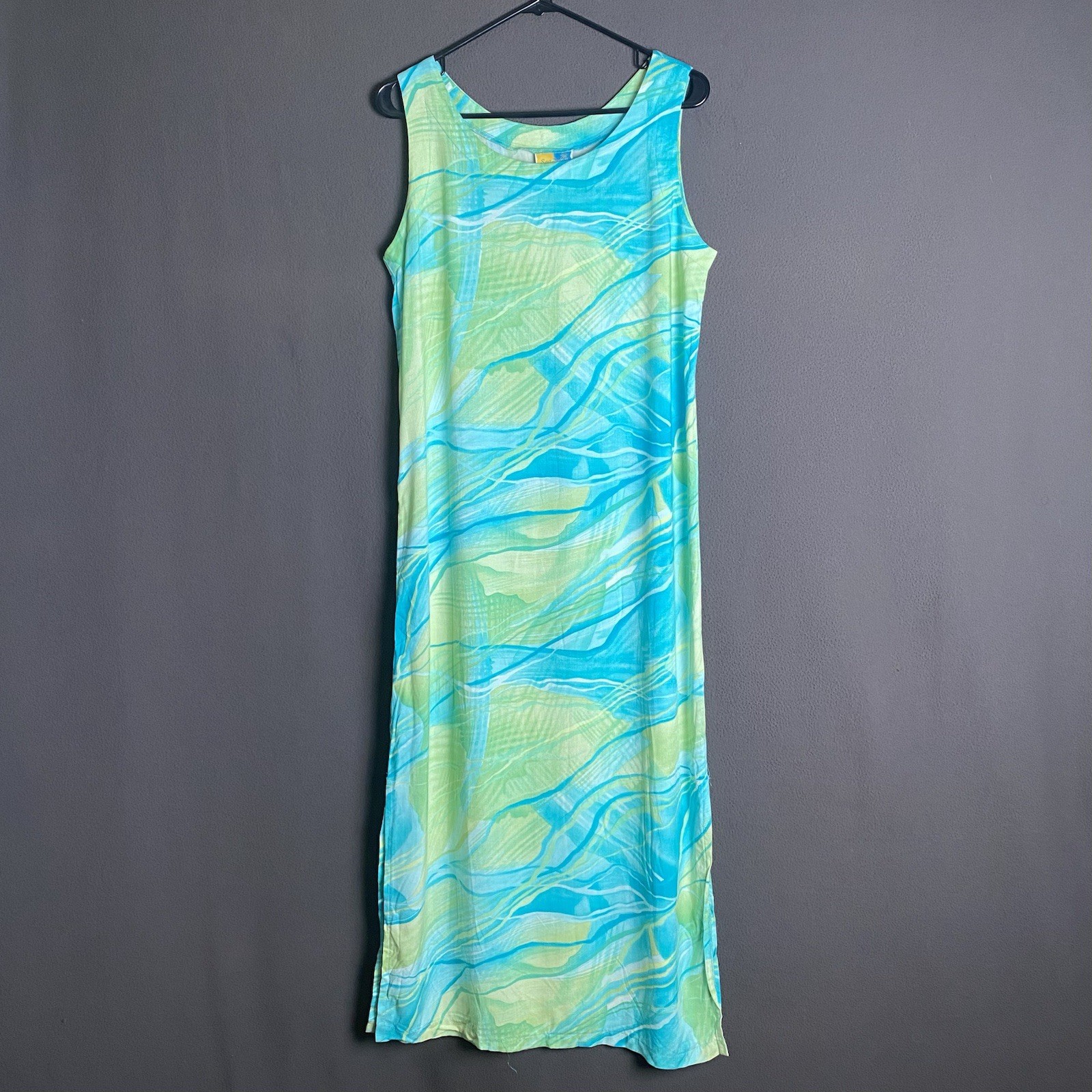 Vintage Column Dress Womens Medium Aqua Blue Lime Green Abstract Artsy Coastal