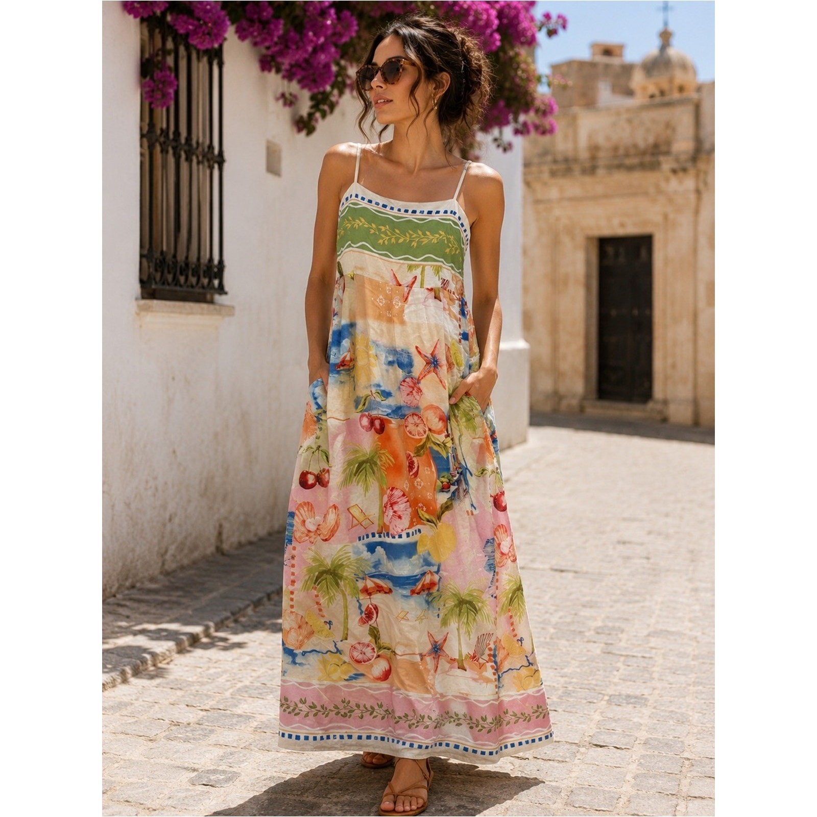 🩵🪻C&C California Multicolor Tropical Print Maxi Dress – Green, Pink, Blue