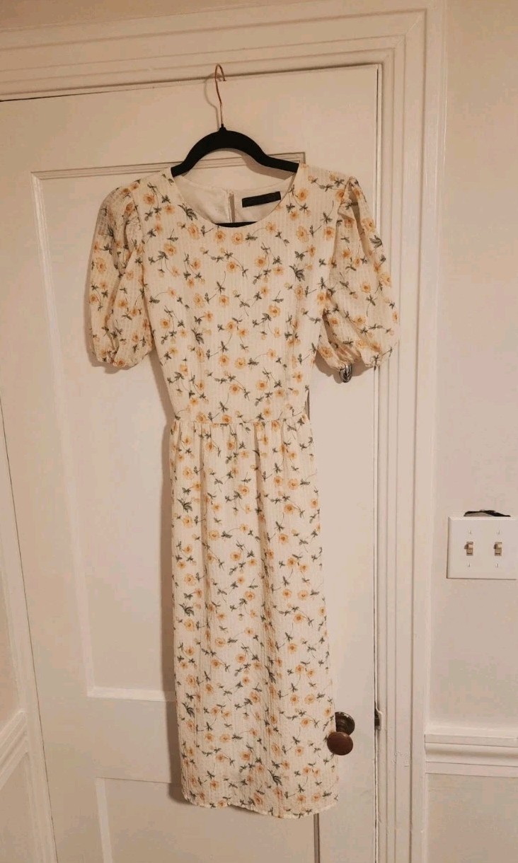 DAZY Yellow and white floral midi dress with puffy sleeves Small