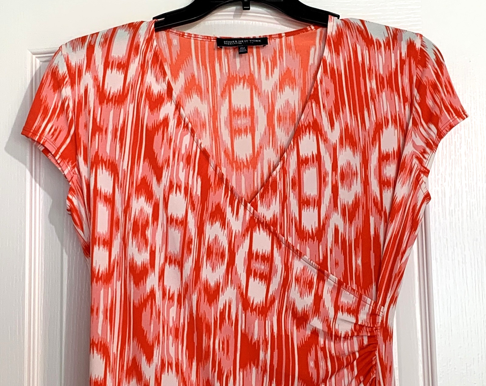 Lady’s Sz PM Orange & White Geo Wrap Look Dress by Jones New York V-Nk Cap Slv