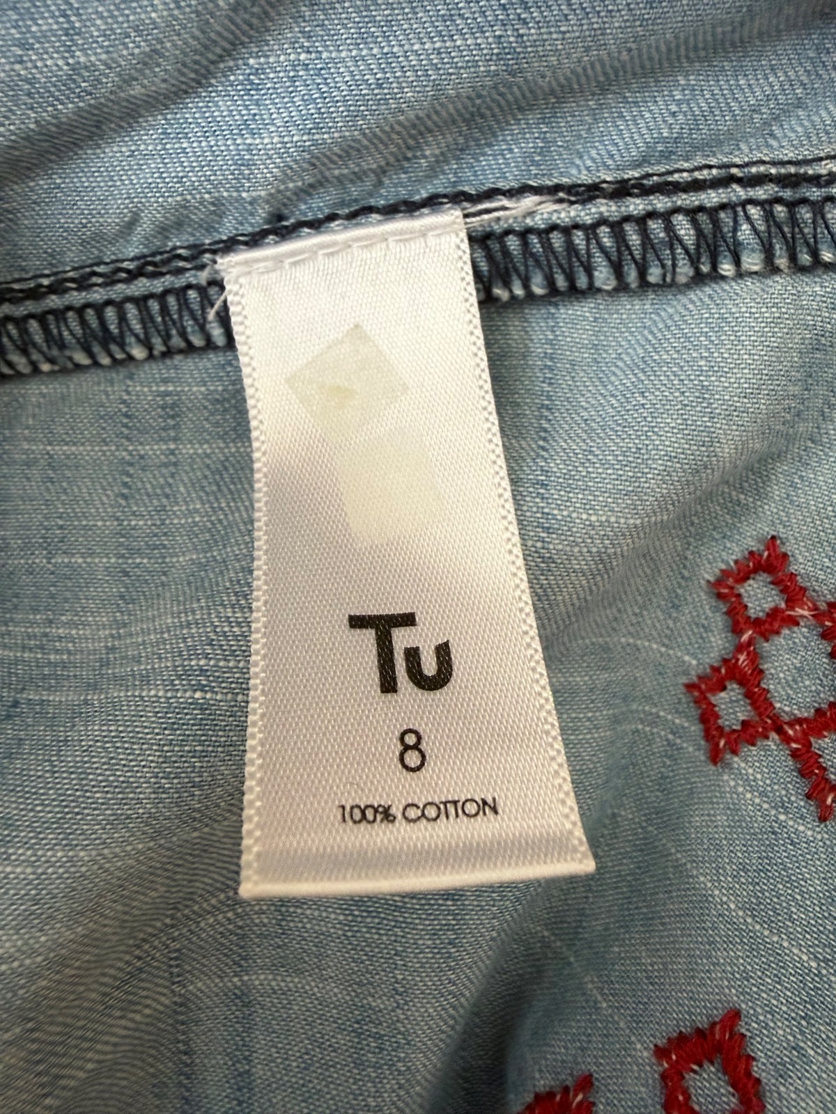 Tu Chambray Off-Shoulder Mini Cotton Dress Embroidered UK 8