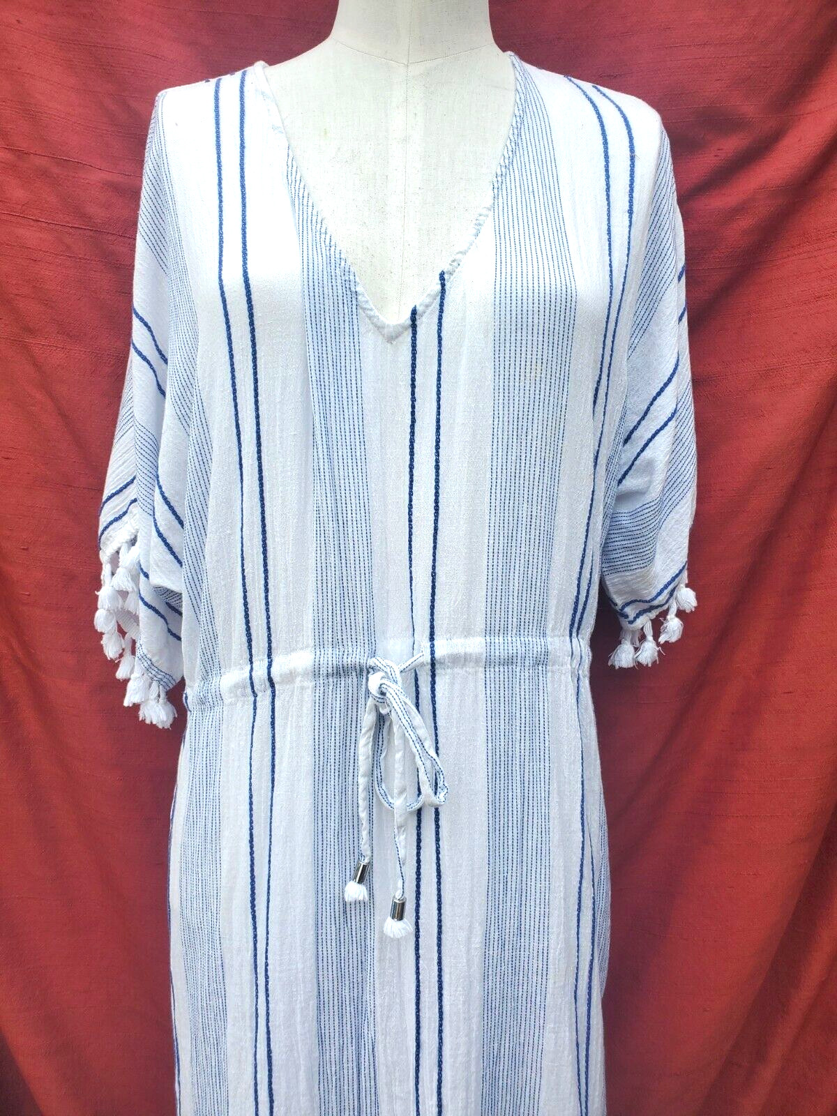 LULUS white & blue striped pullover maxi Dress medium TASSLES tied waist cotton