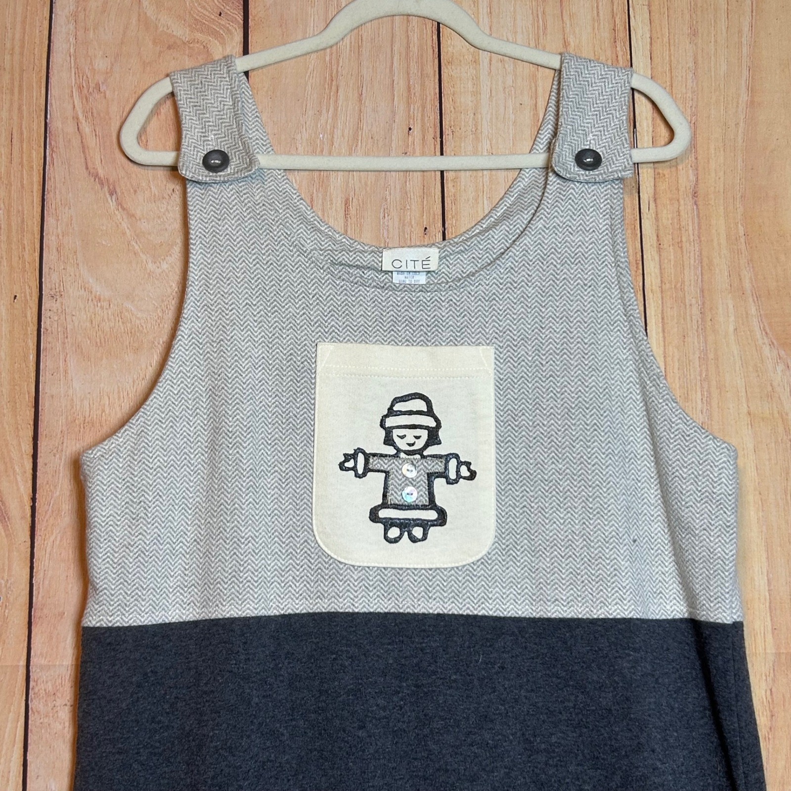Cite Jumper Dress Womens Medium Grey Herringbone Character Pockets Lagenlook Art
