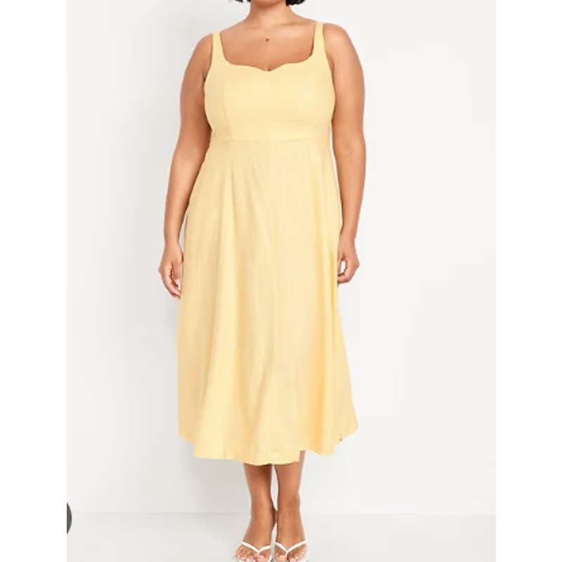 Old Navy Fit & Flare Yellow Sleeveless Linen-Rayon Blend Midi Dress Sz M