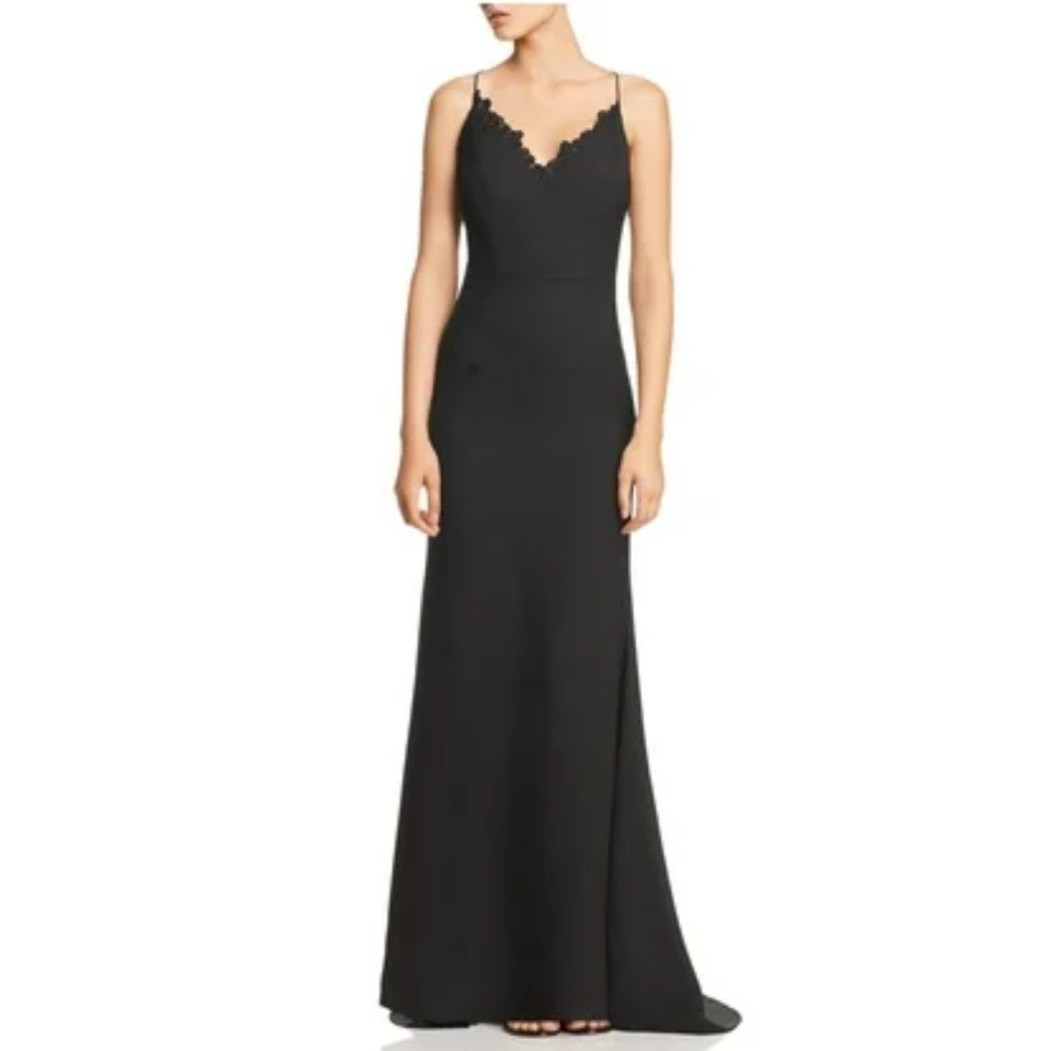Jarlo Black Evening Gown Backless Lace Trim Long A-Line Formal Dress Size 8