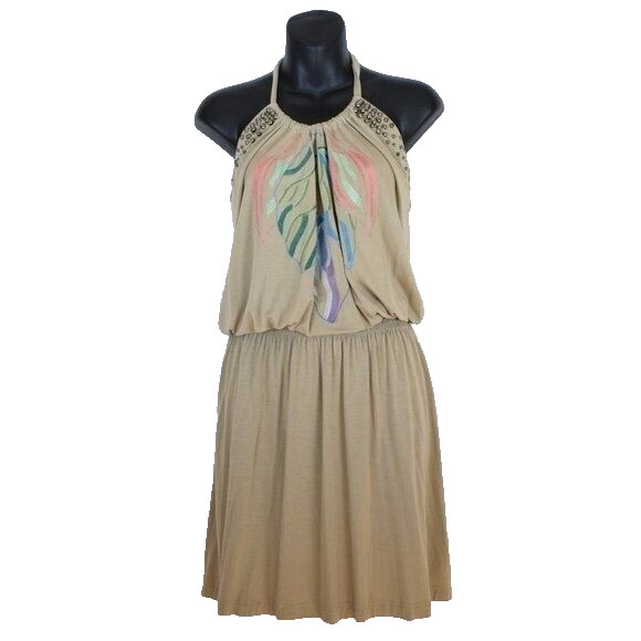 Escada Sport Embroidered Halter Mini Dress Beige 4 Beaded Studded Jersey Knit