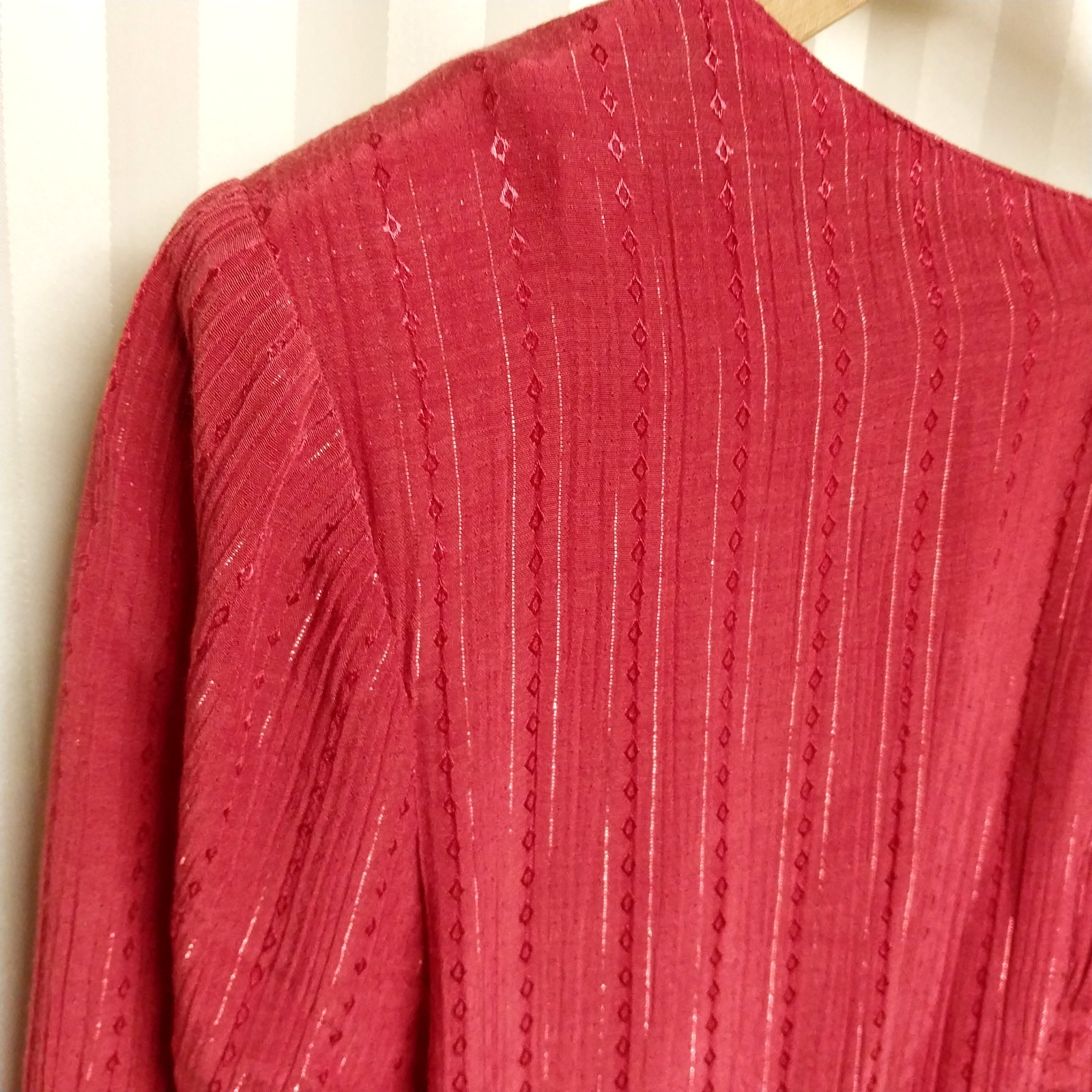 Vintage 1980s Red Plum Stripe Embroidered Midi Secretary Dress V Neck Size Small