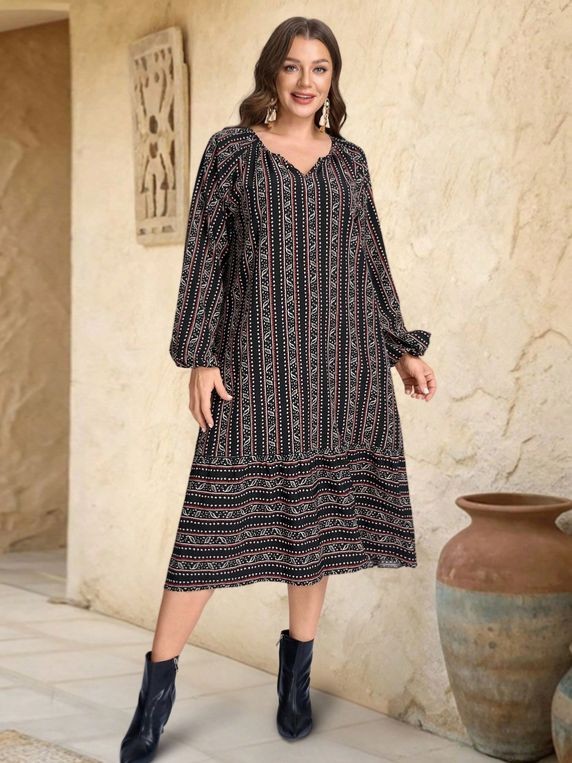 PLUS SIZE 18 20 22 24 BLACK BOHO ABSTRACT A LINE DRESS NO STRETCH LONG SLEEVE