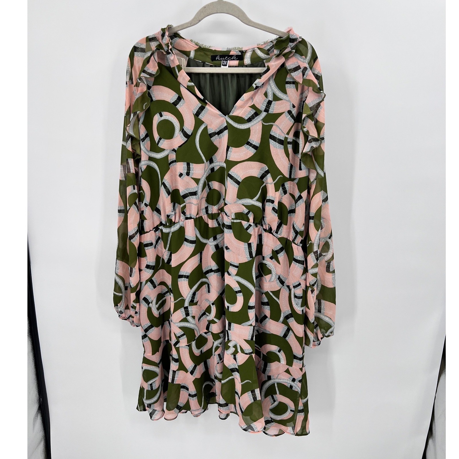 Hutch Medusa Moments Green Pink Snake Print Ruffle V-Neck Mini Dress 3X Plus