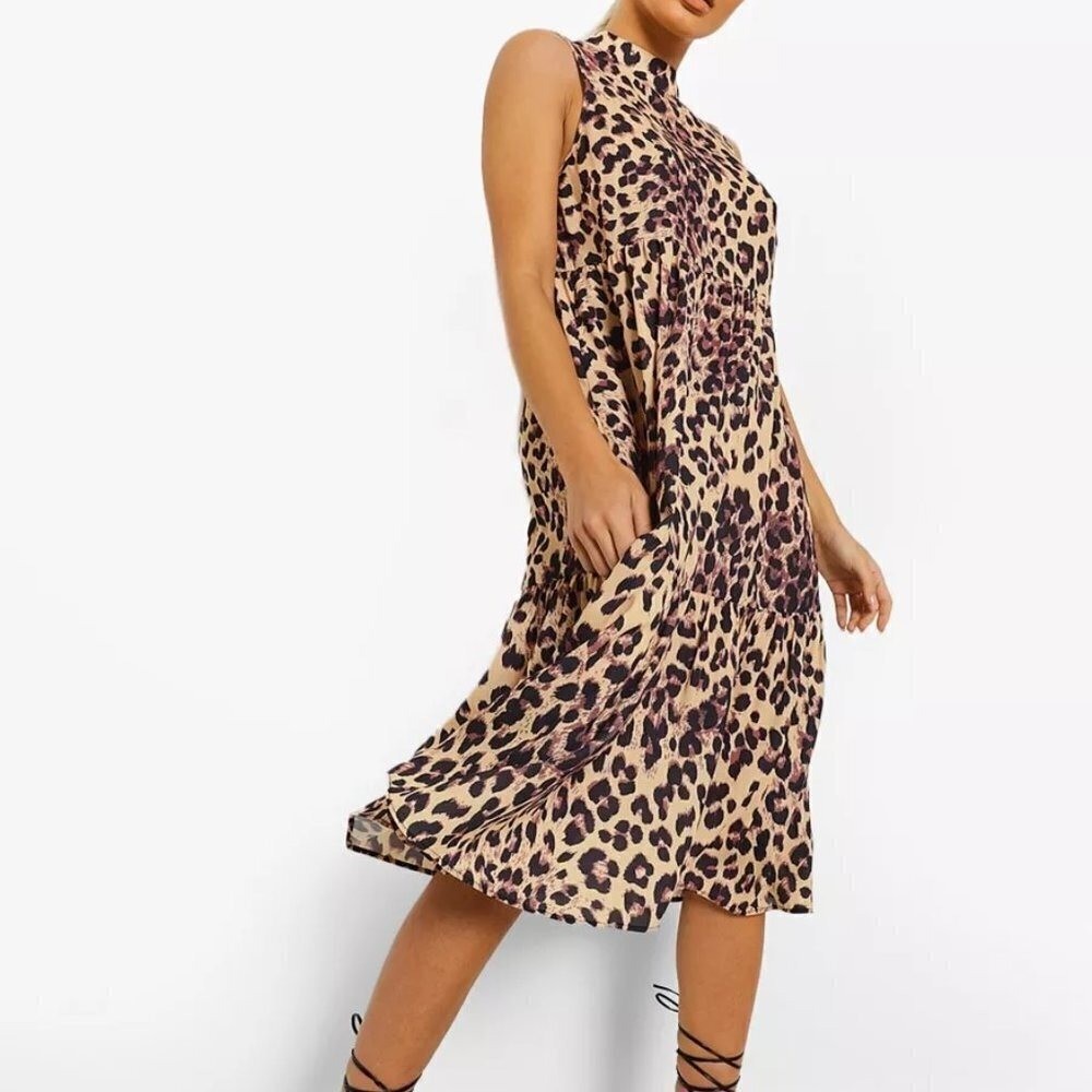 Boohoo Leopard Print Tiered Midi Mock Neck Dress High Neck Sleeveless Size 14