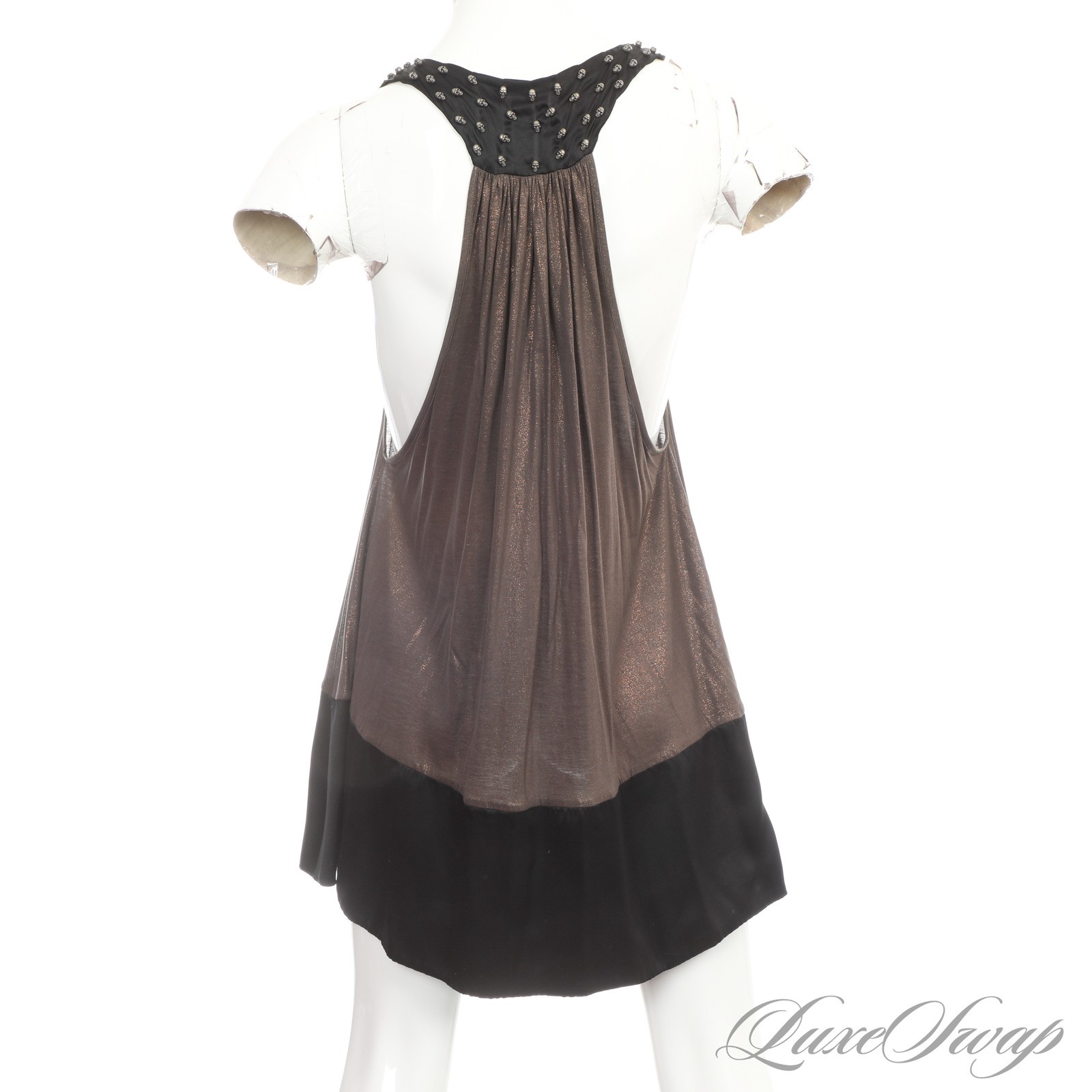 Y2K 2000s Thomas Wylde Black Multi Draped Shimmer Skull Motif Babydoll Dress XS
